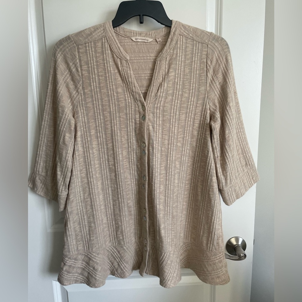 Soft Surroundings women's Beige Textured Gauze Stripe Button-Down tunic top EUC
